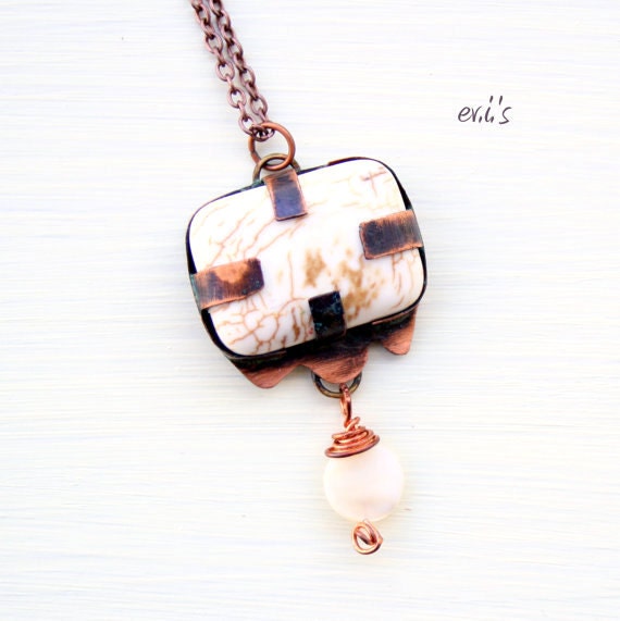 Cream Magnesite Copper Rectangular Handcrafted Soldered Eco Friendly Natural Oxidized Rustic Artisan Bohemian Pendant Gift for Her