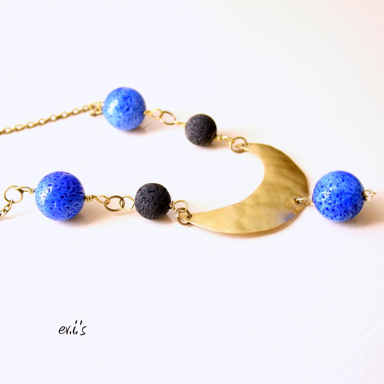 Royal Blue Coral Lava Brass Half Moon Handcrafted Metalwork Artisan Beadwork Bib Statement Necklace Gift for Her.Free Shipping