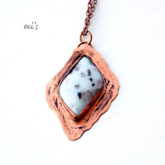 Sesame Jasper Copper Rhombus Handcrafted Soldered Shiny Hammered Artisan Bohemian Statement Pendant Gift for Her.Free Shipping