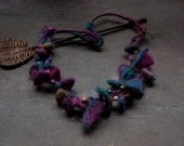 Felted heart necklace with wooden beads, magenta teal, OOAK