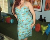 Flamingo Tiki Tropical Hawaiian Wiggle Dress and Bolero Beautiful Aqua PinUp Rockabilly Retro Tiki Oasis Fantastically Fun and Flirty