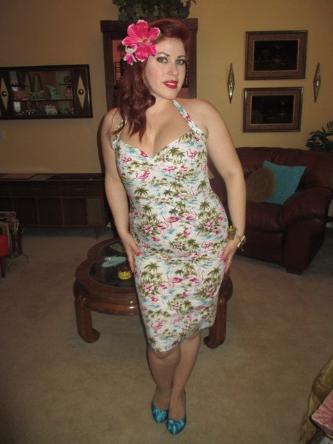 Tiki Flamingo Tropical Hawaiian Luau Wiggle Dress PinUp Rockabilly Retro Tiki Oasis Fantastically Fun and Flirty