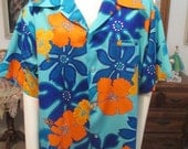 Vintage 1950s Men's Turquoise Hawaiian Shirt XL Tropical Tiki Rockabilly Lounge Surf Retro Great Color