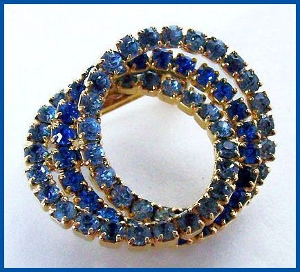 Vintage Blue Rhinestone Brooch Pin 2 Tone Color Triple Circles Gold Metal 2" VG