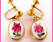 Vintage Pink Rose Earrings Screw Back Guilloche Porcelain Gold Metal 1 1/4" VG