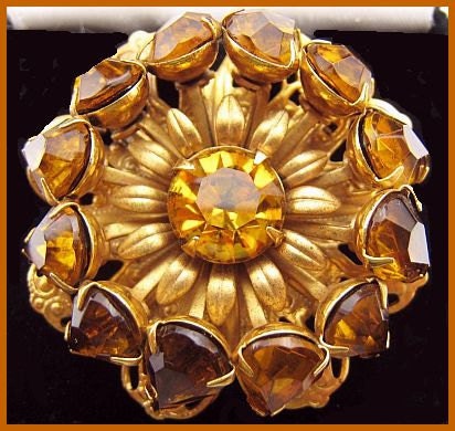 Vintage Brooch Pin Amber Citrine Rhinestones Gold Metal Inverted Design Unique 1 7/8" VG