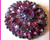 Vintage Designer Brooch Pin Layered Pink Purple Givre Rhinestones Silver Metal 2 1/2 VG