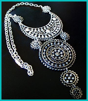 Vintage Medallion Pendant Necklace Canetille Filigree Tribal Bohemian Silver Metal BIG 23" VG