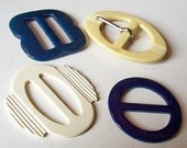 Vintage Belt Buckles 4 Piece Lot Blue White Featherlite Celluloid Bakelite Plastic 1940s VG