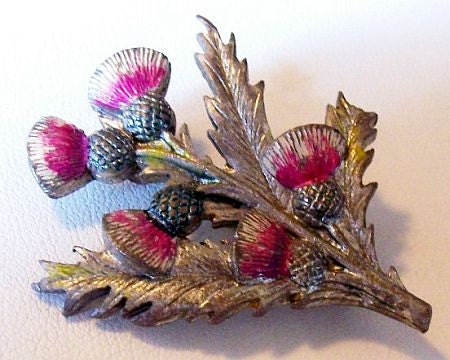 Vintage Scottish Thistle Brooch Pin Pink White Enamel Silver Metal 1 3/4" VG
