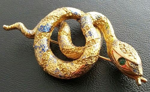 Vintage Snake Brooch Green Clear Rhinestones Blue Enamel Gold Metal Signed Mandle 2 3/4" VG