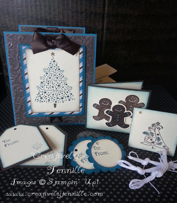 Reusable Christmas Card and Tag Set - Tree, Gingerbread Blue, Brown
