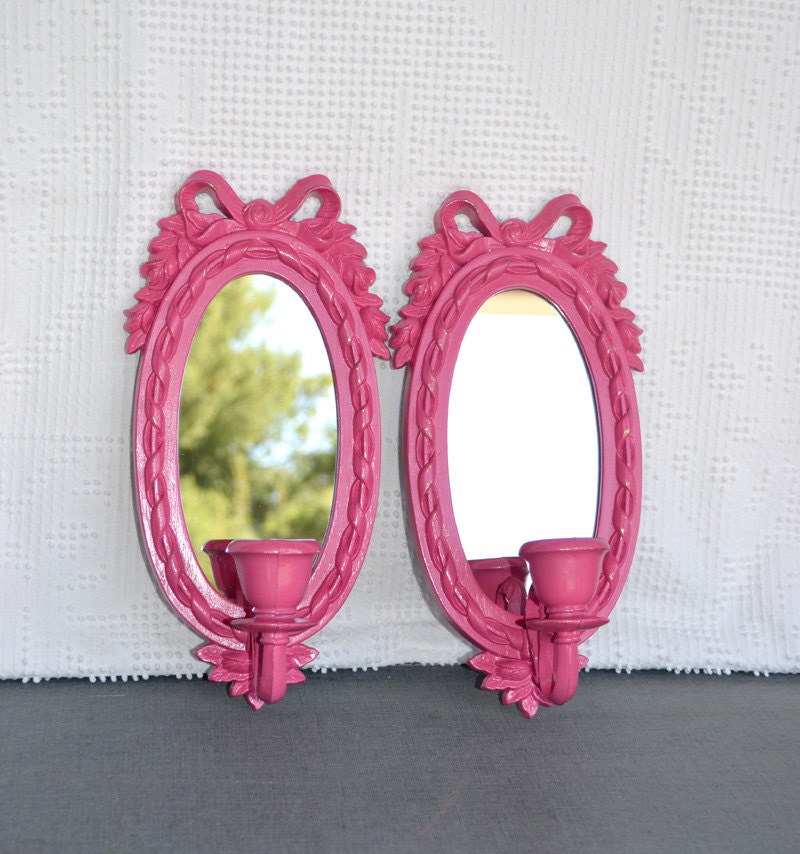 Hot Pink Mirrored Candle Sconce Pair..Upcycled Painted Vintage Homco Bow Floral Candleholders...Shabby Chic Pink Nursery Girl Bedroom Dorm