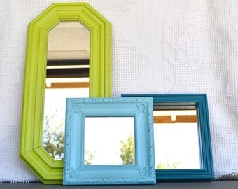 Lime Green Aqua Teal Upcycled Bright Mirror collection.... Painted Modern Mirror Set of 3 Modern Coastal Cottage Decor