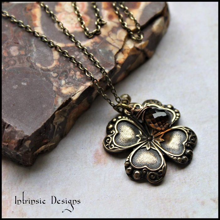 Four Leaf Clover Charm Pendant Necklace with Smokey Quartz and Imperial Topaz