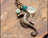 Seahorse Charm Pendant and Sea Green Gemstone Necklace in Bronze