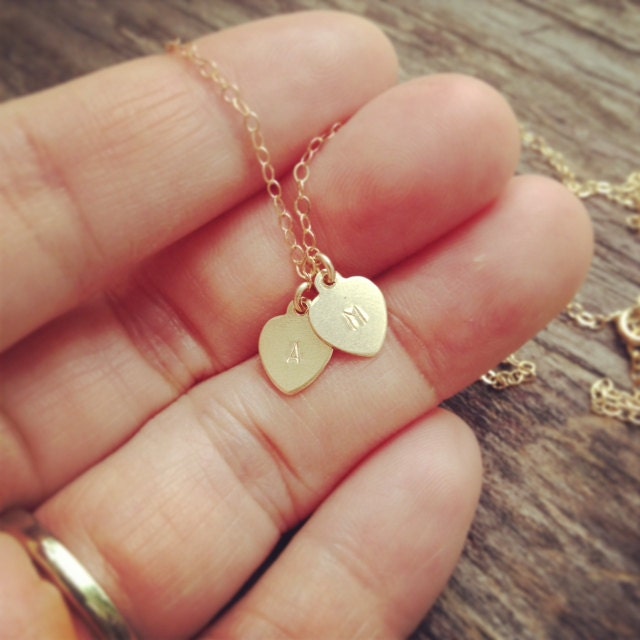 Tiny Gold Filled Two Heart Initials Necklace - handmade by CoCo - Everyday Jewelry