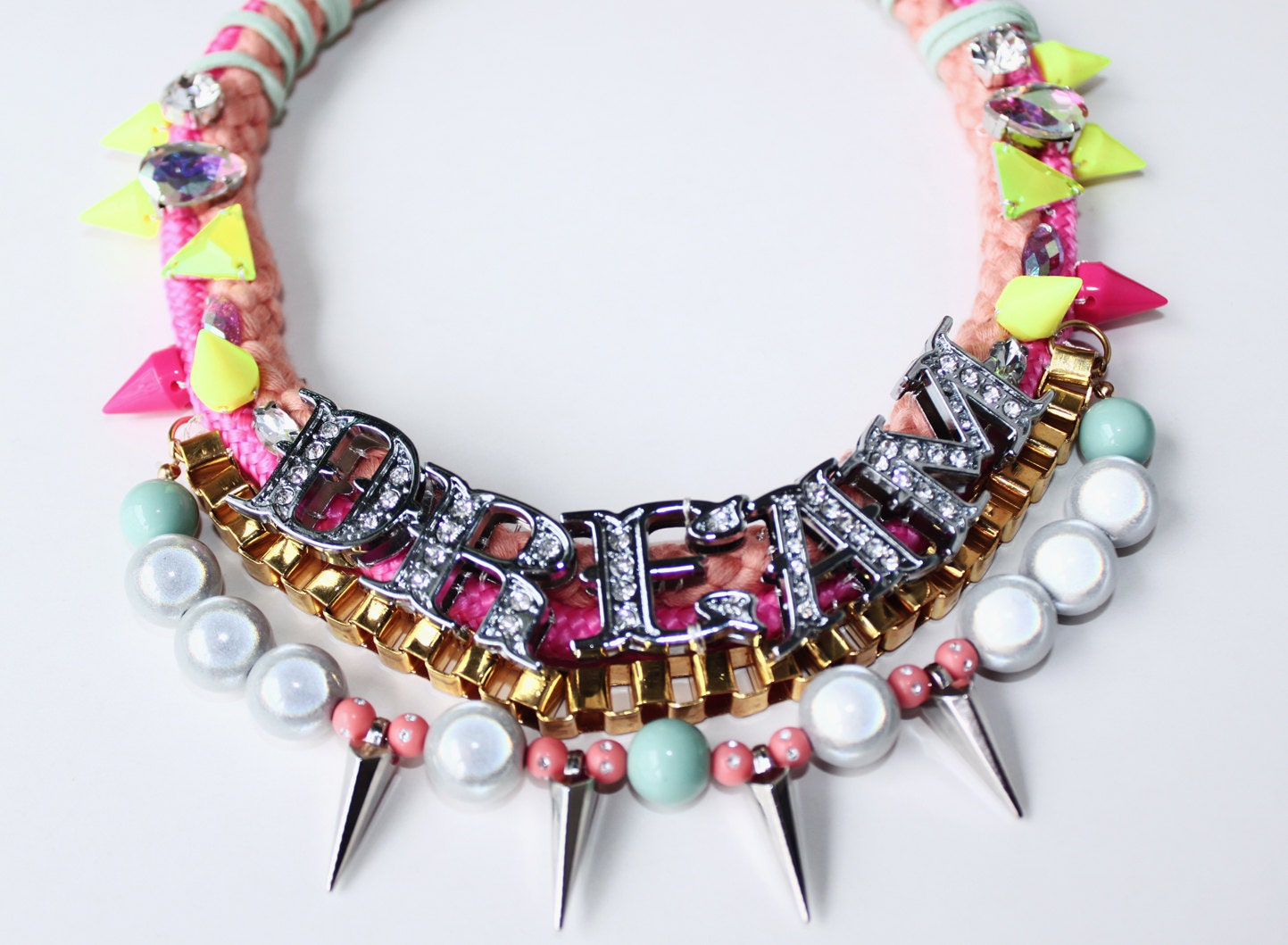 Daydreamer, letters neon pastel rope necklace with holographic beads, bubblegum, studs, name, SS13, unique statement necklace, OOAK