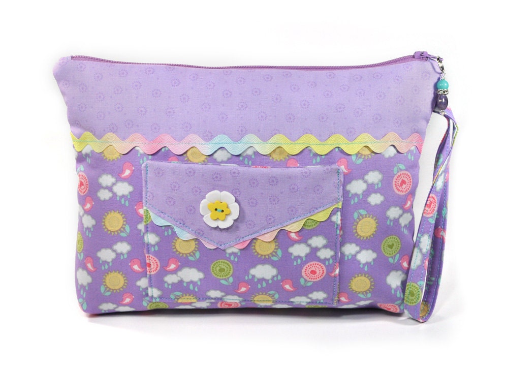 Purple Cosmetic Bag Zipper Wristlet Pouch Spring Birds Flowers Hearts