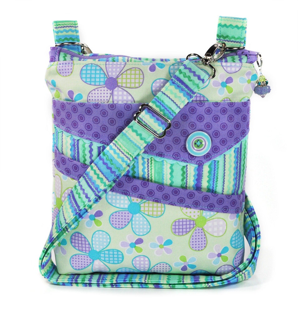 Small Crossbody Bag Purple Turquoise Lime Green Spring Flowers