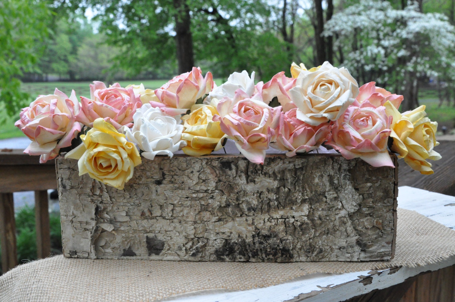 Rustic Birch Bark Covered Planter Box - Woodland Planter - Rustic Barn Wedding Centerpieces -