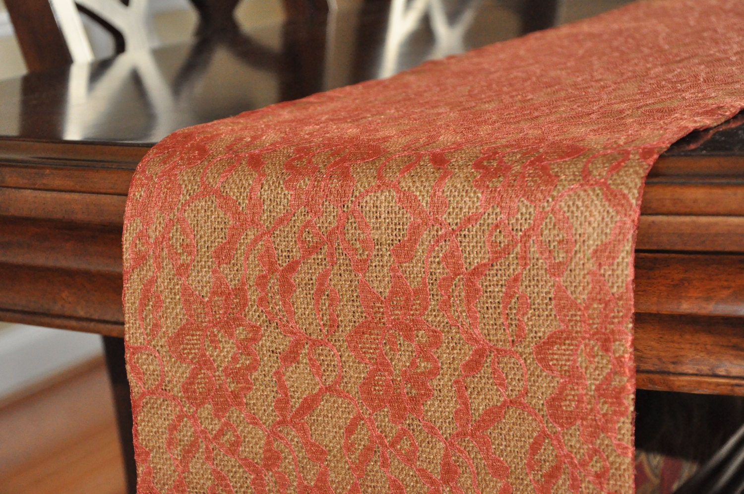 SALE 8' - Orange Lace and Burlap Table Runner -  Lace Over Burlap Table Runner  - Rustic Wedding Table Runner