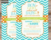 Gender reveal baby shower invitation chevron, chalkboard, aqua,orange,lime - digital, printable file