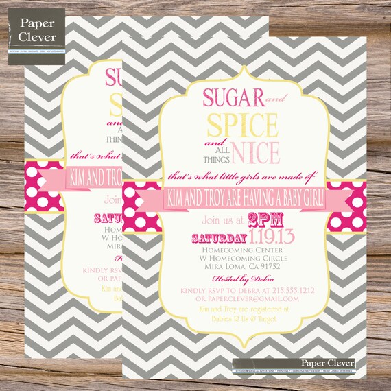 Girls baby shower invitation sugar & spice, hot pink, yellow chevron- printable instant download Il_570xn
