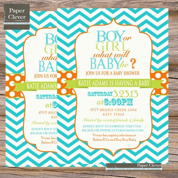 Gender reveal baby shower invitation chevron, chalkboard, aqua,orange,lime - digital, printable file Il_570xn