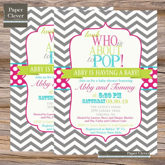 Girls baby shower invitation chevron stripe,ready to pop - digital file, printable Il_570xn