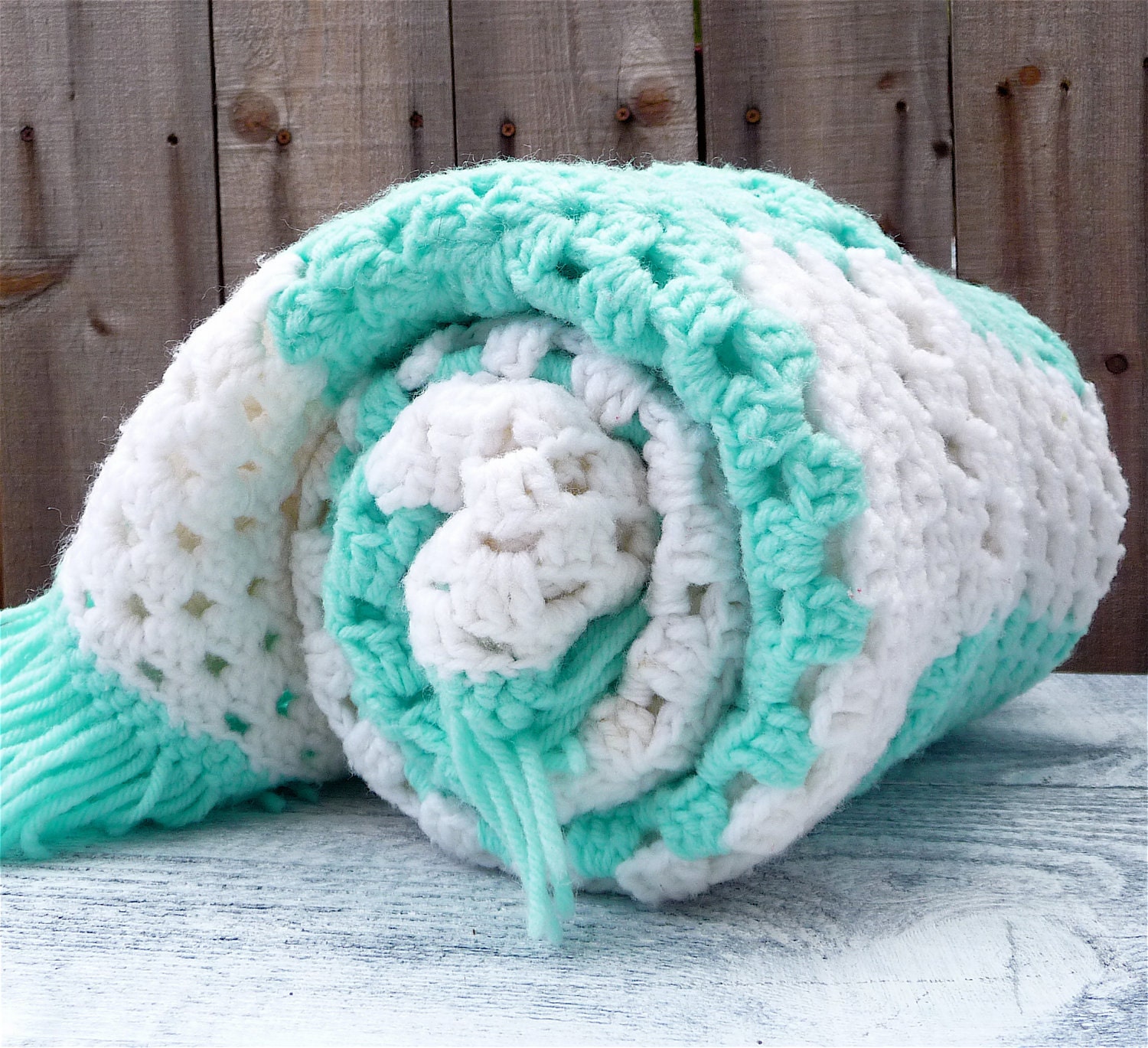 Aqua and White Vintage Crocheted Afghan Baby Blanket / Throw