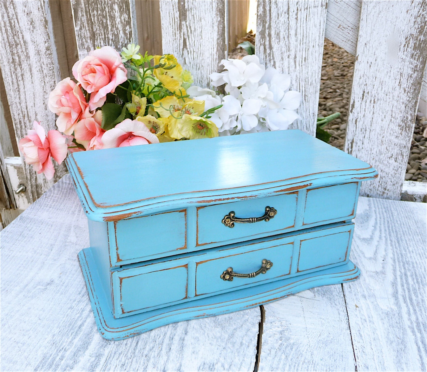 BLUE Jewelry Box - SHABBY CHIC Upcycled Wood Jewelry Box