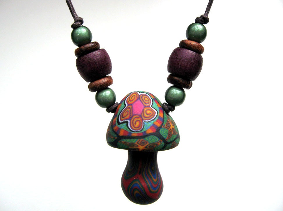 Millefiori mushroom pendant, flower power hippie necklace, flowers, stars and spirals, with beads on thin cord, handmade