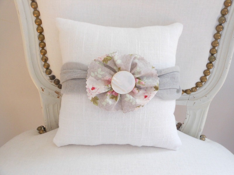 Decorative pillow, linen pillow,  floral fabric flower with mother of pearl button