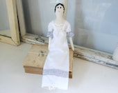 Jane Austen art doll, cloth doll in white regency-inspired dress, art doll