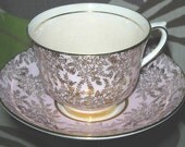 Tea Cup Garden Yard Art Bird Feeder Pink with Gold Flowers-Leaves Teacup Bath, Fairy, Candle, Planter -8