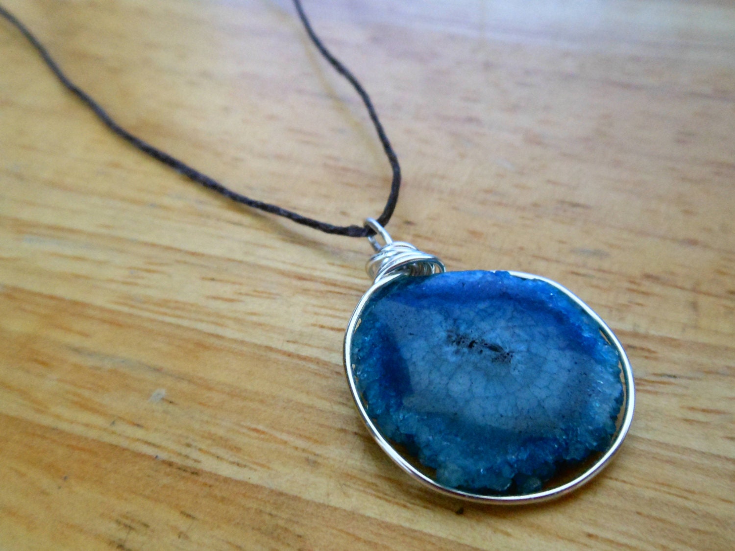 Blue Stalactite Necklace - Wire Wrapped Stone Necklace - Blue Druzy Necklace - Leather and Stone Necklace
