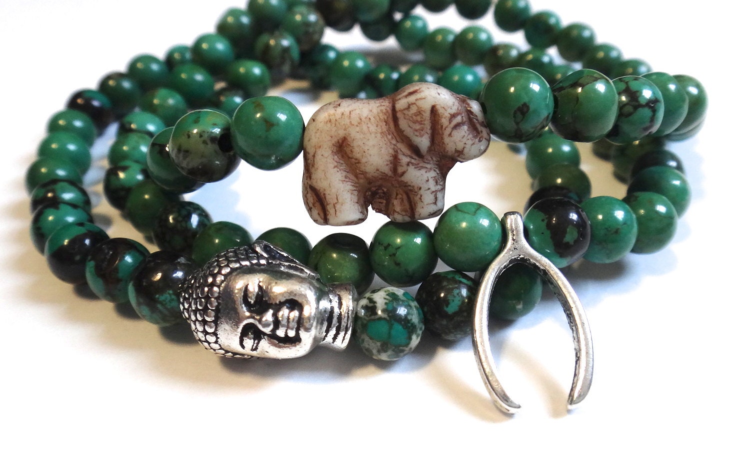 Forest Green Beaded Bracelet with Silver Buddha