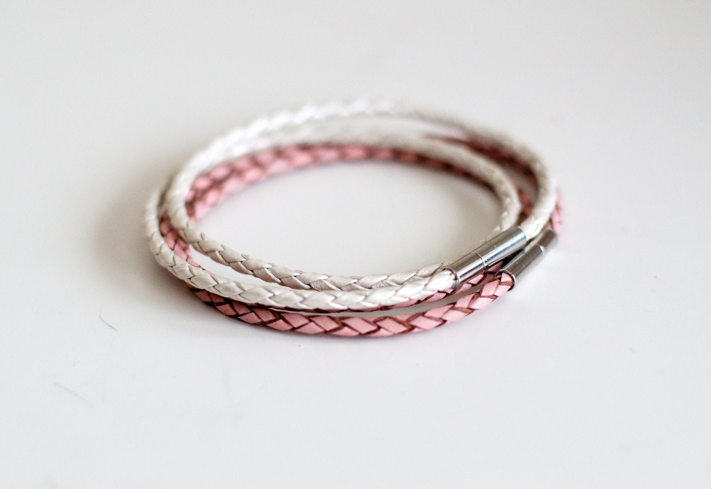 Leather Wrap Bracelet - pink or pearl white - Thin
