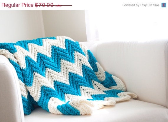 SALE Chevron Stripe Zigzag Blanket Turquoise Ivory Medium