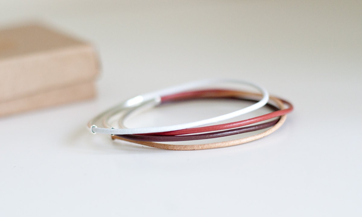 Leather Bangle Bracelets - set of 4 - dark brown natural white tan