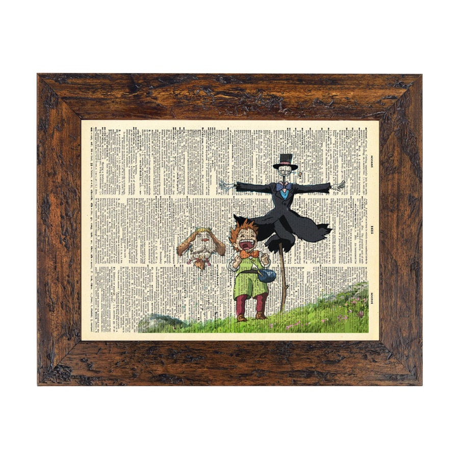 Howls Moving Castle Markel and Turnip Head Print on an Upcycled Unframed Bookpage