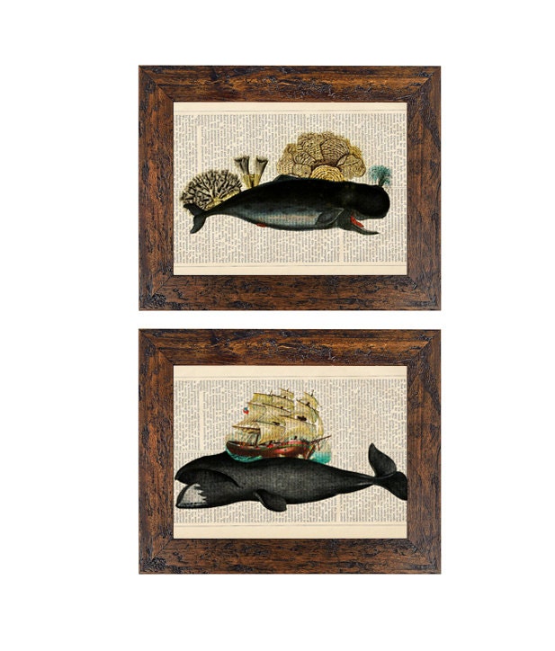 Set of 2 Vintage Victorian Collage Whale Prints on Unframed Upcycled Bookpages