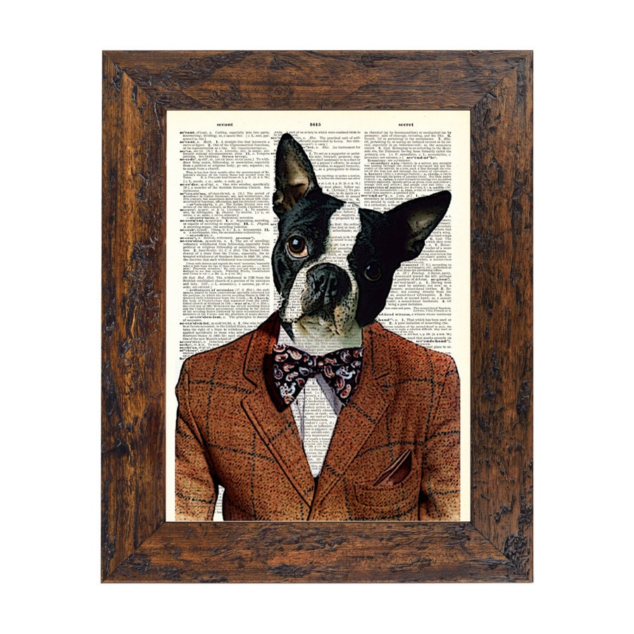 A Bowtied Boston Original Collage Art Print on an Unframed Upcycled Bookpage