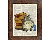 Totoro in the Library Book Lover Original Print on Unframed Upcycled Bookpaper