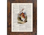 Very Late White Rabbit Alice in Wonderland Print on an Unframed Upcycled Bookpage