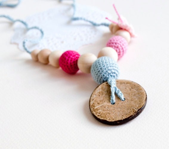 Nursing Necklace/Teething Necklace with coconut button-Gray Pink Fuchsia