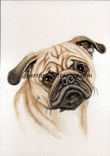 Pug dog painting 5x8 print from original watercolor painting pet portraits pets home decor wall art earthspalette