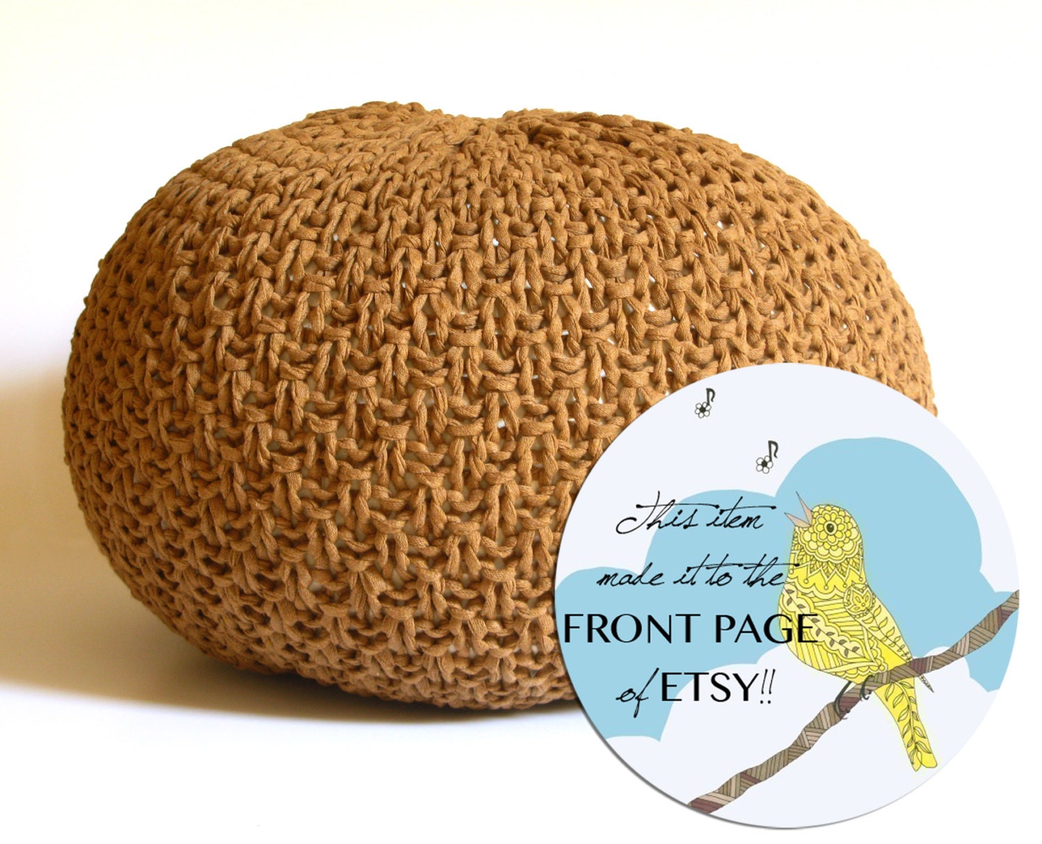 Knitted Pouf - ottoman, foot stool, floor pillow - with cognac brown cotton yarn
