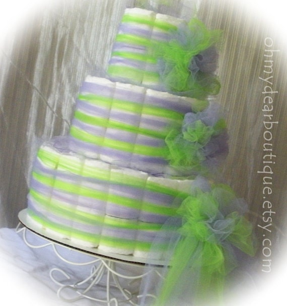 Baby Shower Diaper Cake, 3 Tier Diaper Cake, Apple Green and Lavender